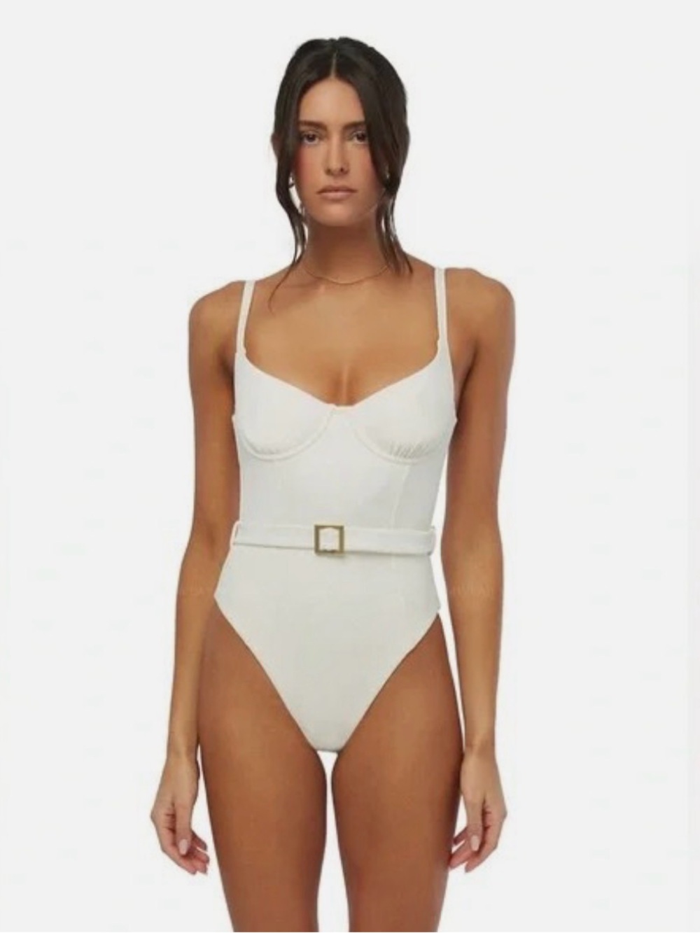 WeWoreWhat Cream Underwire One Piece with Gold Buckle Belt
